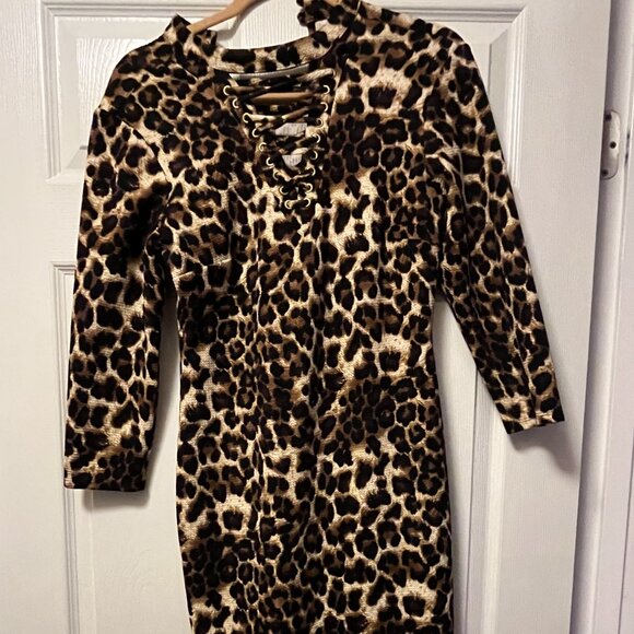 New York & Company Leopard Print Lace Front Dress Womens Size Medium 3/4 Sleeve - Picture 4 of 9